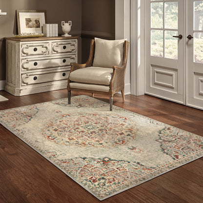 6' X 9' Grey Rust Deep Teal Beige And Orange Oriental Power Loom Stain Resistant Area Rug