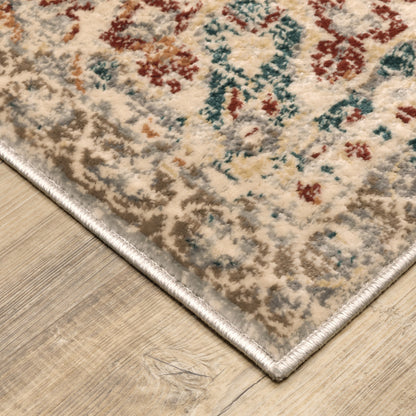 6' X 9' Grey Rust Deep Teal Beige And Orange Oriental Power Loom Stain Resistant Area Rug