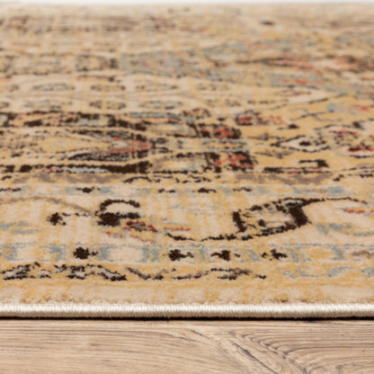 8' X 10' Beige Grey Dolphin Blue Deep Teal Gold And Orange Oriental Power Loom Stain Resistant Area Rug