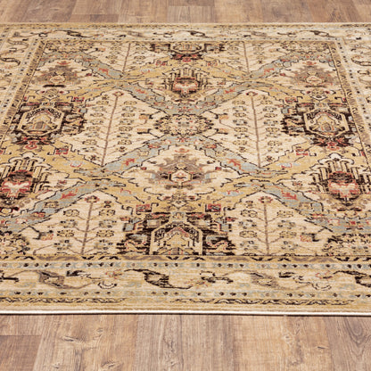 8' X 10' Beige Grey Dolphin Blue Deep Teal Gold And Orange Oriental Power Loom Stain Resistant Area Rug