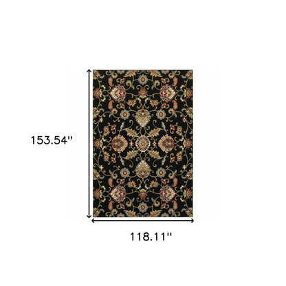 10' X 13' Black Red Green Ivory Salmon And Yellow Floral Power Loom Stain Resistant Area Rug