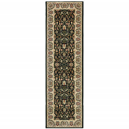 2' X 8' Black And Ivory Oriental Power Loom Stain Resistant Runner Rug