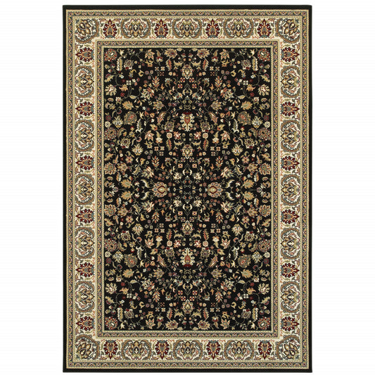 10' X 13' Black And Ivory Oriental Power Loom Stain Resistant Area Rug