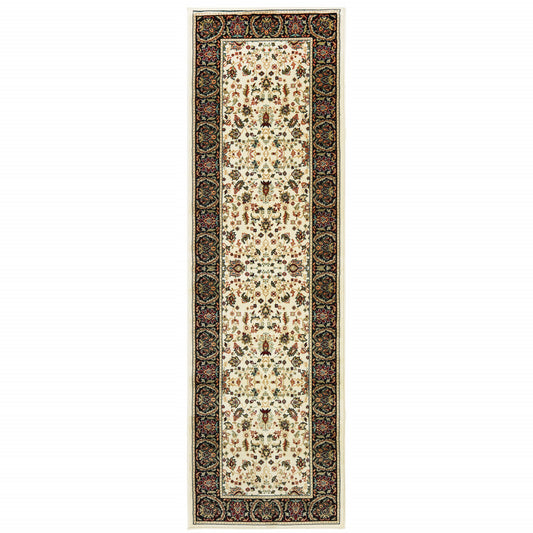2' X 8' Ivory And Black Oriental Power Loom Stain Resistant Runner Rug