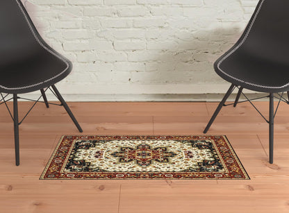 2' X 4' Red And Ivory Oriental Power Loom Stain Resistant Area Rug