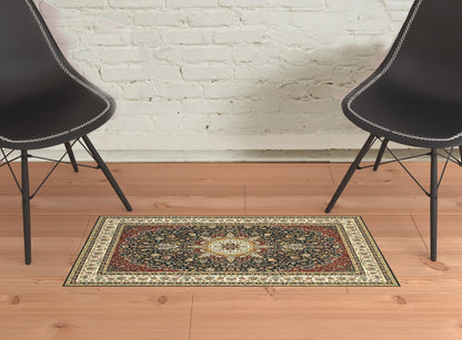 2' X 4' Navy And Ivory Oriental Power Loom Stain Resistant Area Rug