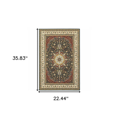2' X 4' Navy And Ivory Oriental Power Loom Stain Resistant Area Rug