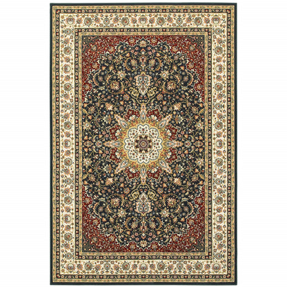 10' X 13' Navy And Ivory Oriental Power Loom Stain Resistant Area Rug