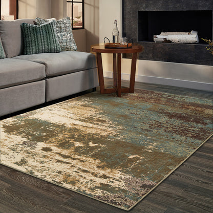 6' X 9' Teal Blue Brown Green And Beige Abstract Power Loom Stain Resistant Area Rug