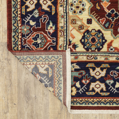 10' X 13' Red Blue Orange And Beige Oriental Power Loom Stain Resistant Area Rug With Fringe