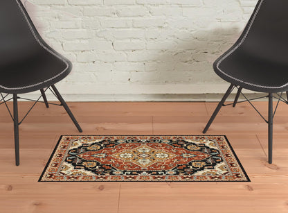 2' x 3' Black and Orange Oriental Power Loom Area Rug