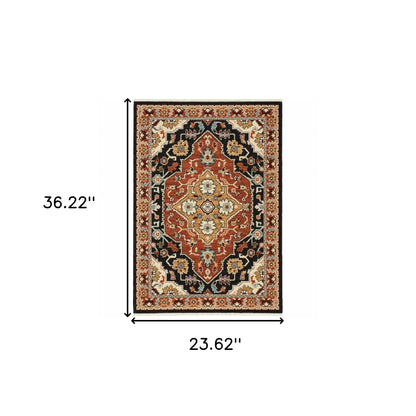 2' x 3' Black and Orange Oriental Power Loom Area Rug