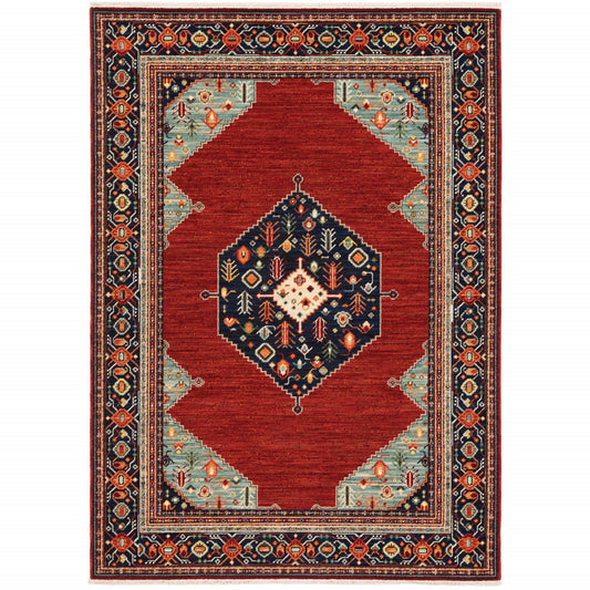 2' X 3' Red Blue Orange And Ivory Oriental Power Loom Stain Resistant Area Rug With Fringe