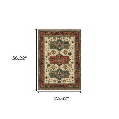 2' X 3' Brick Red Orange Rust Beige Gold Pale Blue Olive Navy And Black Oriental Power Loom Stain Resistant Area Rug With Fringe
