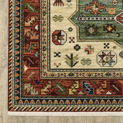 10' X 13' Brick Red Orange Rust Beige Gold Pale Blue Olive Navy And Black Oriental Power Loom Stain Resistant Area Rug With Fringe