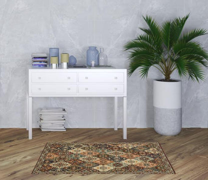 3' X 5' Red Rust Navy Light Blue Brown Orange Ivory And Gold Oriental Power Loom Stain Resistant Area Rug With Fringe
