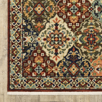 5' X 8' Red Rust Navy Light Blue Brown Orange Ivory And Gold Oriental Power Loom Stain Resistant Area Rug With Fringe