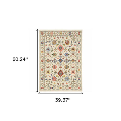 3' X 5' Ivory Salmon Pink Gold Blues Grey Rust And Green Oriental Power Loom Stain Resistant Area Rug With Fringe