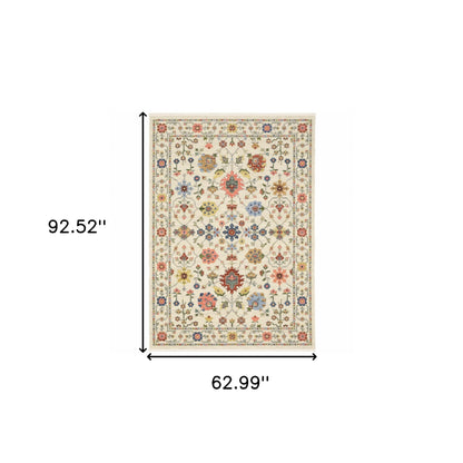 5' X 8' Ivory Salmon Pink Gold Blues Grey Rust And Green Oriental Power Loom Stain Resistant Area Rug With Fringe