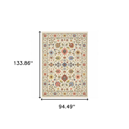 8' X 11' Ivory Salmon Pink Gold Blues Grey Rust And Green Oriental Power Loom Stain Resistant Area Rug With Fringe