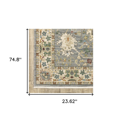 2' X 6' Grey Ivory Orange Teal Green Charcoal Blue And Red Oriental Power Loom Stain Resistant Runner Rug With Fringe