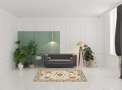 5' X 8' Ivory Green Blues Pink Yellow Rust Brown Tan And Grey Oriental Power Loom Stain Resistant Area Rug With Fringe