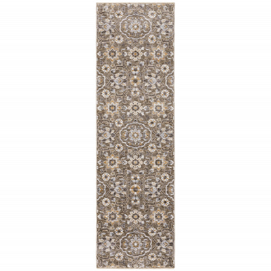 2' X 8' Grey And Tan Floral Power Loom Stain Resistant Runner Rug With Fringe