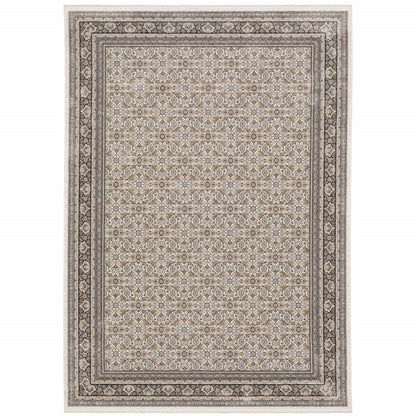 8' X 11' Ivory And Grey Oriental Power Loom Stain Resistant Area Rug With Fringe