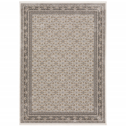 8' X 11' Ivory And Grey Oriental Power Loom Stain Resistant Area Rug With Fringe
