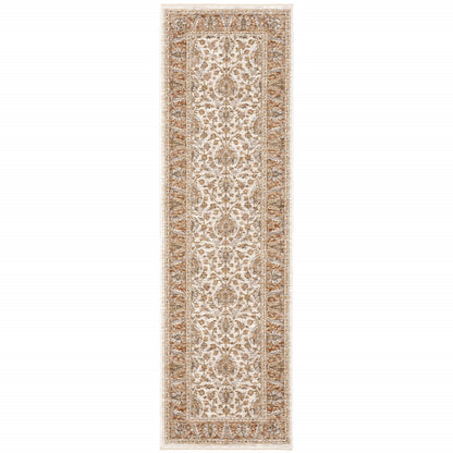 2' X 8' Rust And Ivory Oriental Power Loom Stain Resistant Runner Rug With Fringe