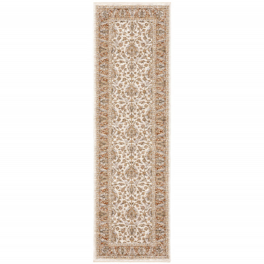 2' X 8' Rust And Ivory Oriental Power Loom Stain Resistant Runner Rug With Fringe