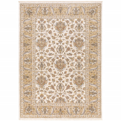 10' X 13' Ivory And Gold Oriental Power Loom Stain Resistant Area Rug With Fringe
