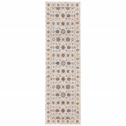 2' X 8' Ivory And Gold Oriental Power Loom Stain Resistant Runner Rug With Fringe