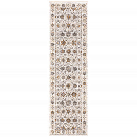 2' X 8' Ivory And Gold Oriental Power Loom Stain Resistant Runner Rug With Fringe