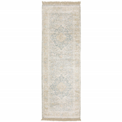 2' X 8' Grey And Beige Oriental Hand Loomed Stain Resistant Runner Rug With Fringe