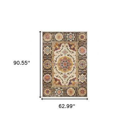 5' X 8' Ivory And Brown Oriental Power Loom Stain Resistant Area Rug
