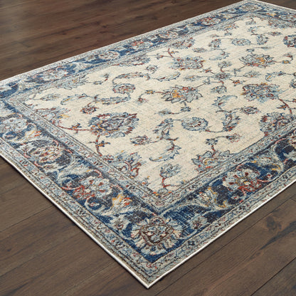 6' X 9' Ivory And Blue Oriental Power Loom Stain Resistant Area Rug
