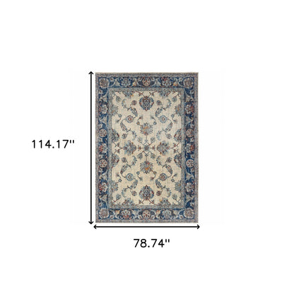 6' X 9' Ivory And Blue Oriental Power Loom Stain Resistant Area Rug