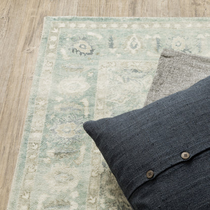 8' X 10' Green And Ivory Oriental Power Loom Stain Resistant Area Rug