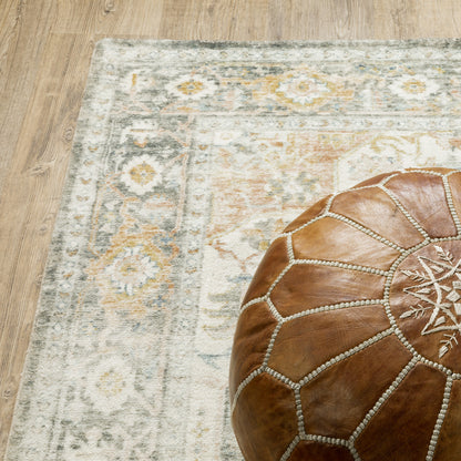 8' X 10' Grey Gold Orange And Ivory Oriental Power Loom Stain Resistant Area Rug
