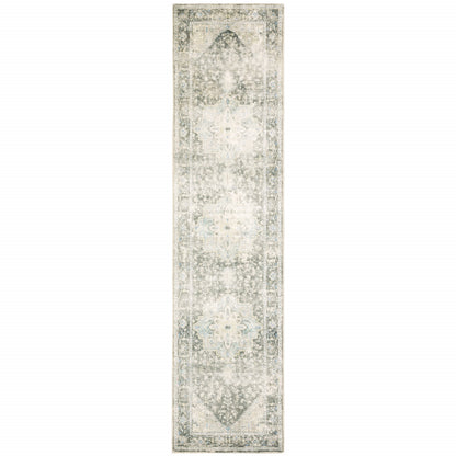 2' X 8' Grey Ivory And Blue Oriental Power Loom Stain Resistant Runner Rug