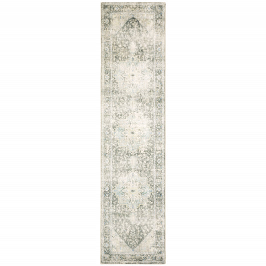 2' X 8' Grey Ivory And Blue Oriental Power Loom Stain Resistant Runner Rug
