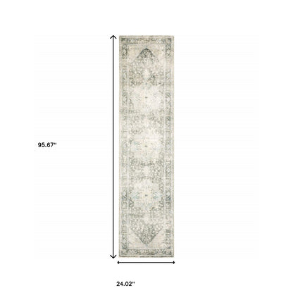 2' X 8' Grey Ivory And Blue Oriental Power Loom Stain Resistant Runner Rug