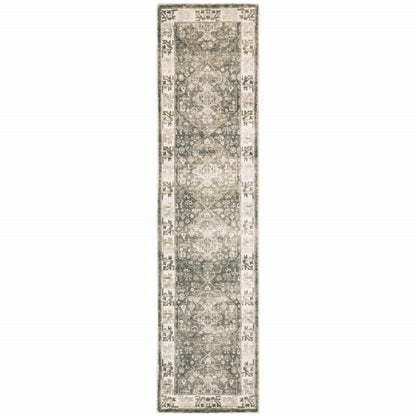 2' X 8' Grey Ivory Tan And Beige Oriental Power Loom Stain Resistant Runner Rug