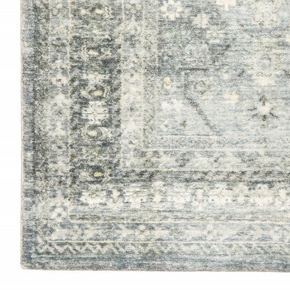 2' X 8' Blue Ivory And Grey Oriental Power Loom Stain Resistant Runner Rug