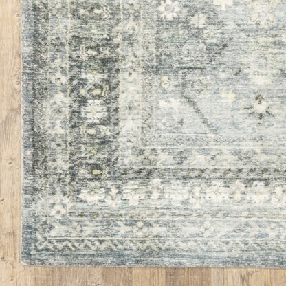 8' X 10' Blue Ivory And Grey Oriental Power Loom Stain Resistant Area Rug