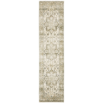 2' X 8' Tan Ivory Grey And Beige Oriental Power Loom Stain Resistant Runner Rug