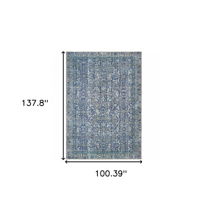 8' X 11' Blue And Grey Oriental Power Loom Stain Resistant Area Rug