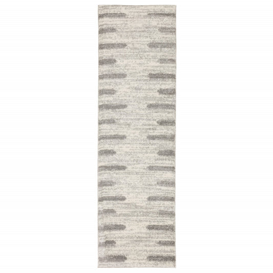 2' X 8' Ivory And Grey Geometric Shag Power Loom Stain Resistant Runner Rug