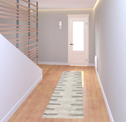 2' X 8' Ivory And Grey Geometric Shag Power Loom Stain Resistant Runner Rug